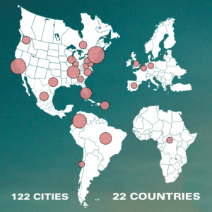 A map of the world showcasing a mentorship program across 122 cities and countries.