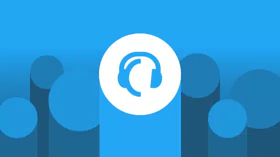 A blue background with a white icon of a headset.