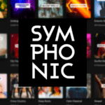 Music streaming app interface with the word "symphonic" in large white letters centered on a black background, surrounded by various Spotify playlist covers in a blurred style.