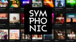 Music streaming app interface with the word "symphonic" in large white letters centered on a black background, surrounded by various Spotify playlist covers in a blurred style.