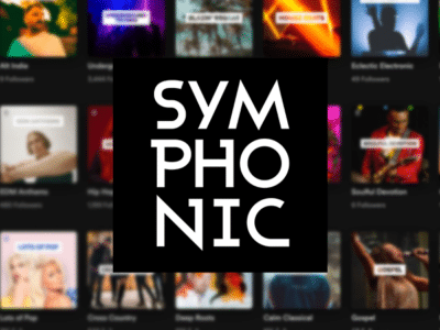 Music streaming app interface with the word "symphonic" in large white letters centered on a black background, surrounded by various Spotify playlist covers in a blurred style.