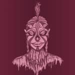 An image of a woman with a headdress on a maroon background.
