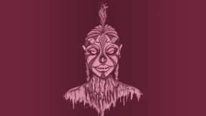 An image of a woman with a headdress on a maroon background.