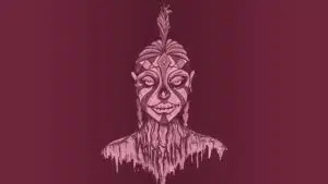 An image of a woman with a headdress on a maroon background.