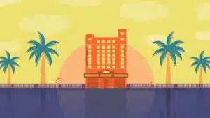 An illustration of a building with palm trees in front of it.