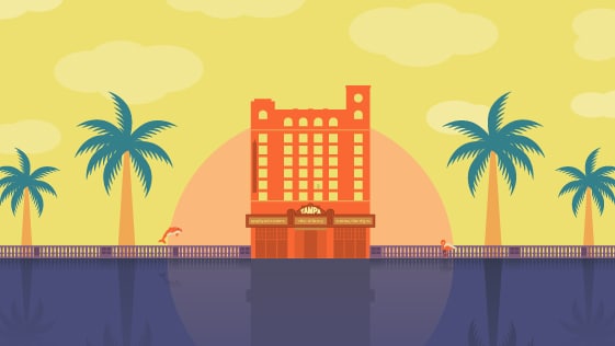 An illustration of a building with palm trees in front of it.