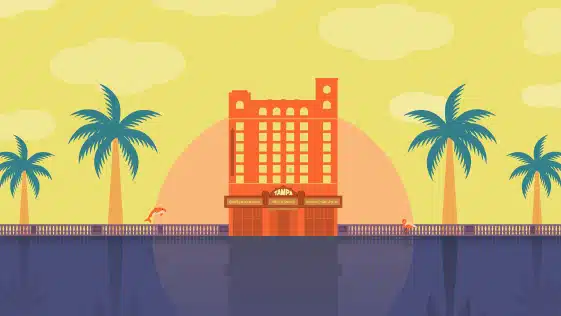 An illustration of a building with palm trees in front of it.