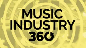 Music industry 360o logo with a yellow background.