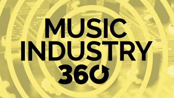 Music industry 360o logo with a yellow background.