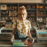 A woman in a record store holding a record.