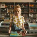 A woman in a record store holding a record.
