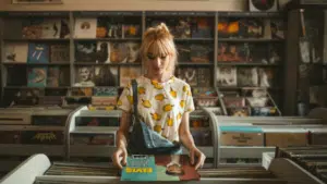 A woman in a record store holding a record.