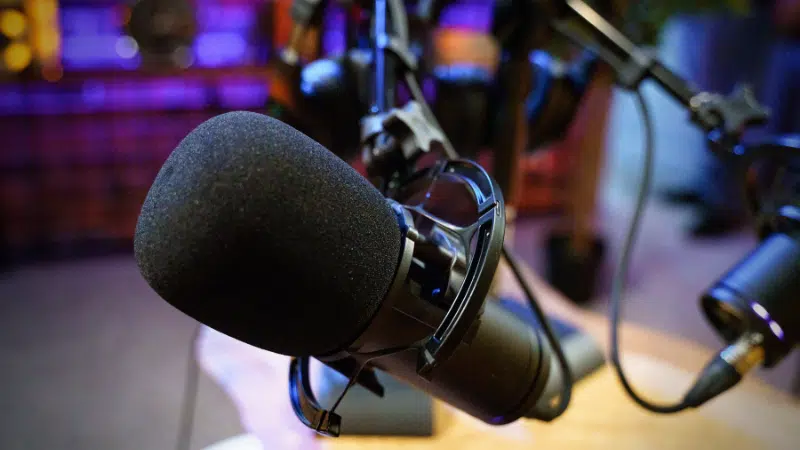 A microphone is sitting on top of a table.