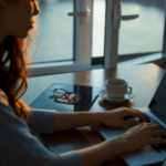 A woman working on her laptop in front of a window.