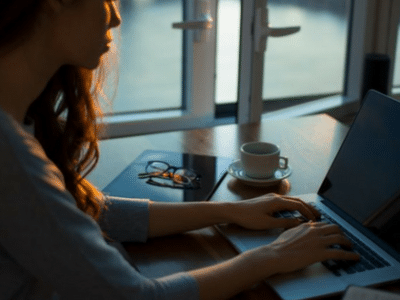 A woman working on her laptop in front of a window.