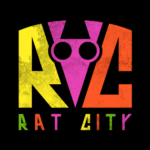 A colorful logo for rat city.