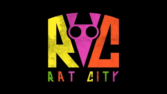 A colorful logo for rat city.