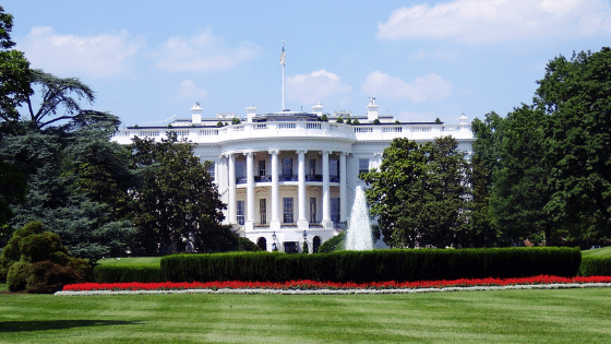 A white house in the middle of a green lawn.