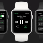 Three apple watches with music playing on them.