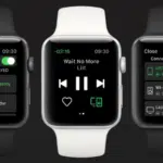 Three apple watches with music playing on them.