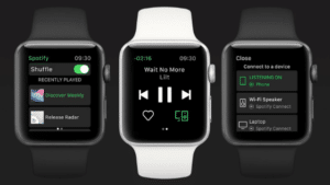 Three apple watches with music playing on them.