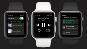 Three apple watches with music playing on them.
