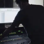 A man working on a mixing desk in a dark room.