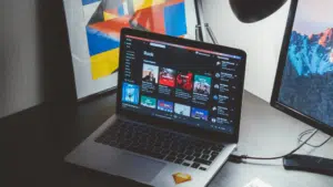 A laptop on a desk.