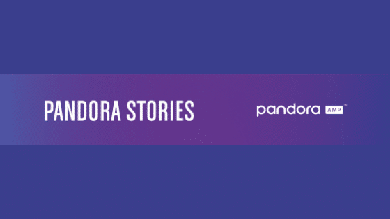 Pandora stories logo on a purple background.