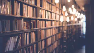 A row of books in a library with light bulbs.