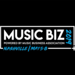 Music biz logo on a blue and yellow background.