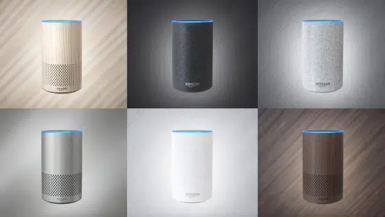 Four different colors of the amazon echo speaker.