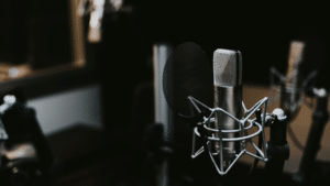 A microphone in a recording studio.