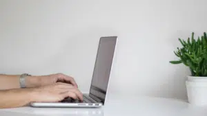 A man typing on a laptop in front of a potted plant.