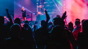 A crowd at a concert with their hands raised.