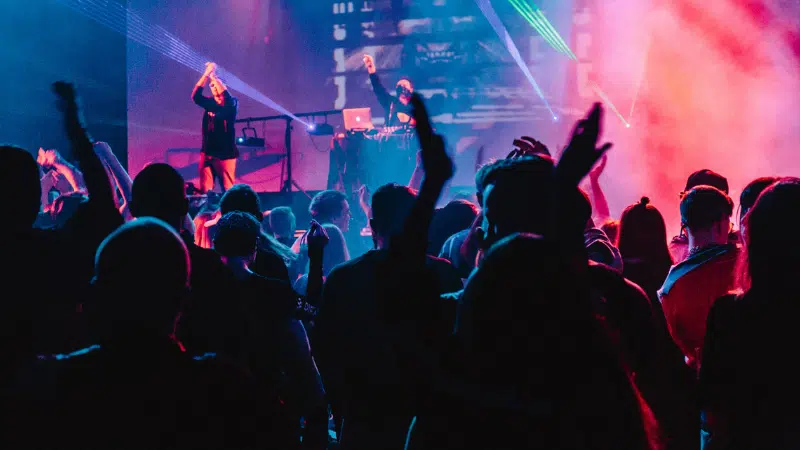 A crowd at a concert with their hands raised.