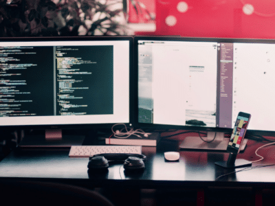 A desk with two monitors and a mouse.