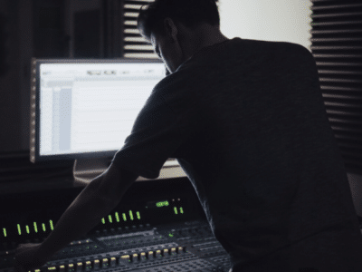 A man working on a mixing console in a dark room, planning.