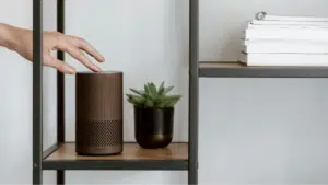 A person is pointing to an amazon echo speaker on a shelf, showcasing its voice capabilities.