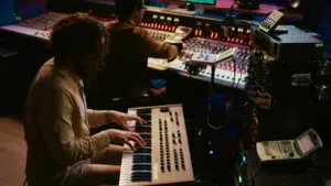 In a cozy music studio, two artists create magic: one immerses in the keyboard synthesizer while the other perfects mixing console settings. Equipment and screens surround them as they craft tracks ready to captivate listeners on Bandcamp.