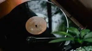 A record player is next to a plant in a physical distribution scenario.