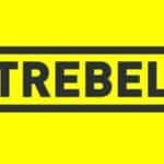 Yellow background with the word "TREBEL" in bold black letters, enclosed in a black rectangular border, highlighting TREBEL's music streaming platform.