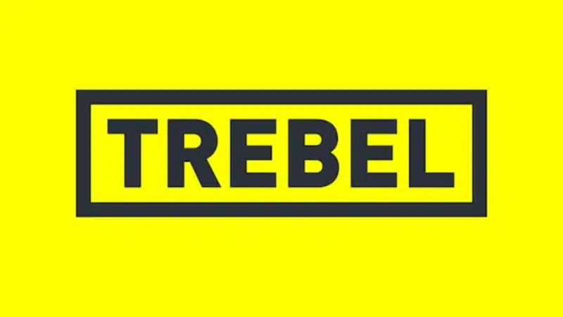 Yellow background with the word "TREBEL" in bold black letters, enclosed in a black rectangular border, highlighting TREBEL's music streaming platform.