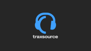 Everything You Need To Know About Selling Your Music on Traxsource Blue headphones logo above the word "traxsource" on a sleek black background, inviting artists to sell tracks on Traxsource.