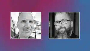 Two men with beards participate in a Q&A session against a vibrant purple backdrop.