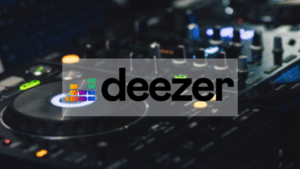 The Deezer logo prominently displayed on a DJ mixer.