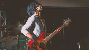 A man with dreadlocks playing a bass at a concert by black owned labels.