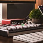 A desk with an iPad and keyboard on it, featuring Soundcloud.