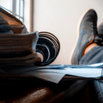 A person's feet resting on a pile of papers.