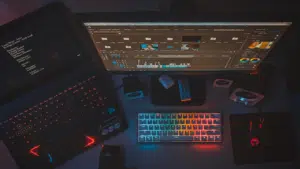 A desk with management tools including a laptop, keyboard and monitor.